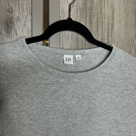 Gap Long Sleeves T Shirt Sz S Metallic Silver Holiday Stretch Light Gray - Picture 2 of 5